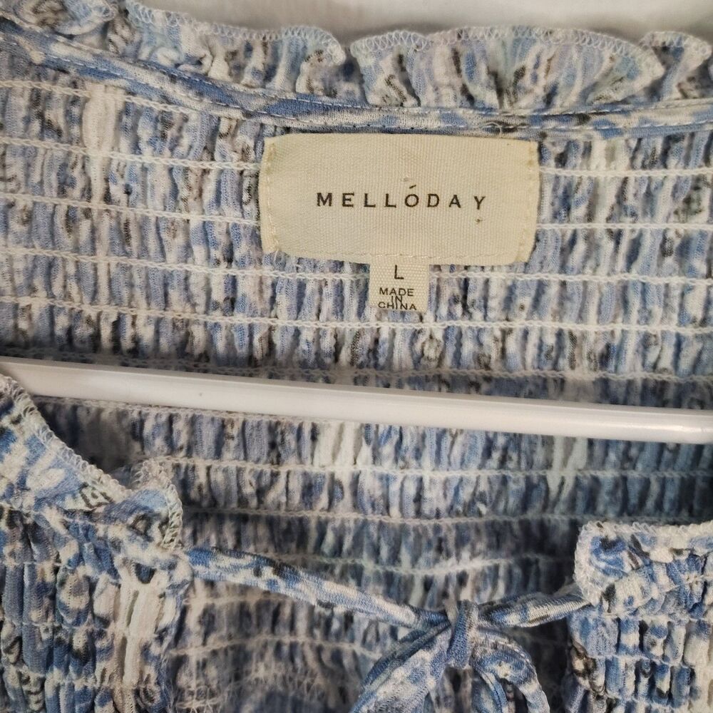 Melloday Boho Smocked Blouse Blue White Tie Neck Stretch Top Women Large - Picture 5 of 6